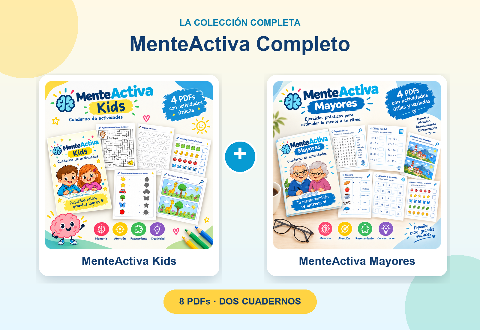 MenteActiva Completo: los cuadernos Kids y Mayores, con 8 PDFs en total